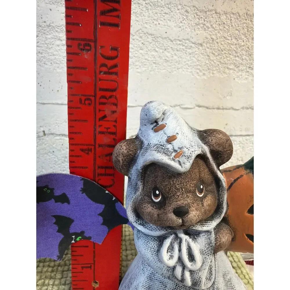 Hand Painted Halloween Ceramic Bat & Ghost Bear Figurines Set Pumpkin Cloth Wing
